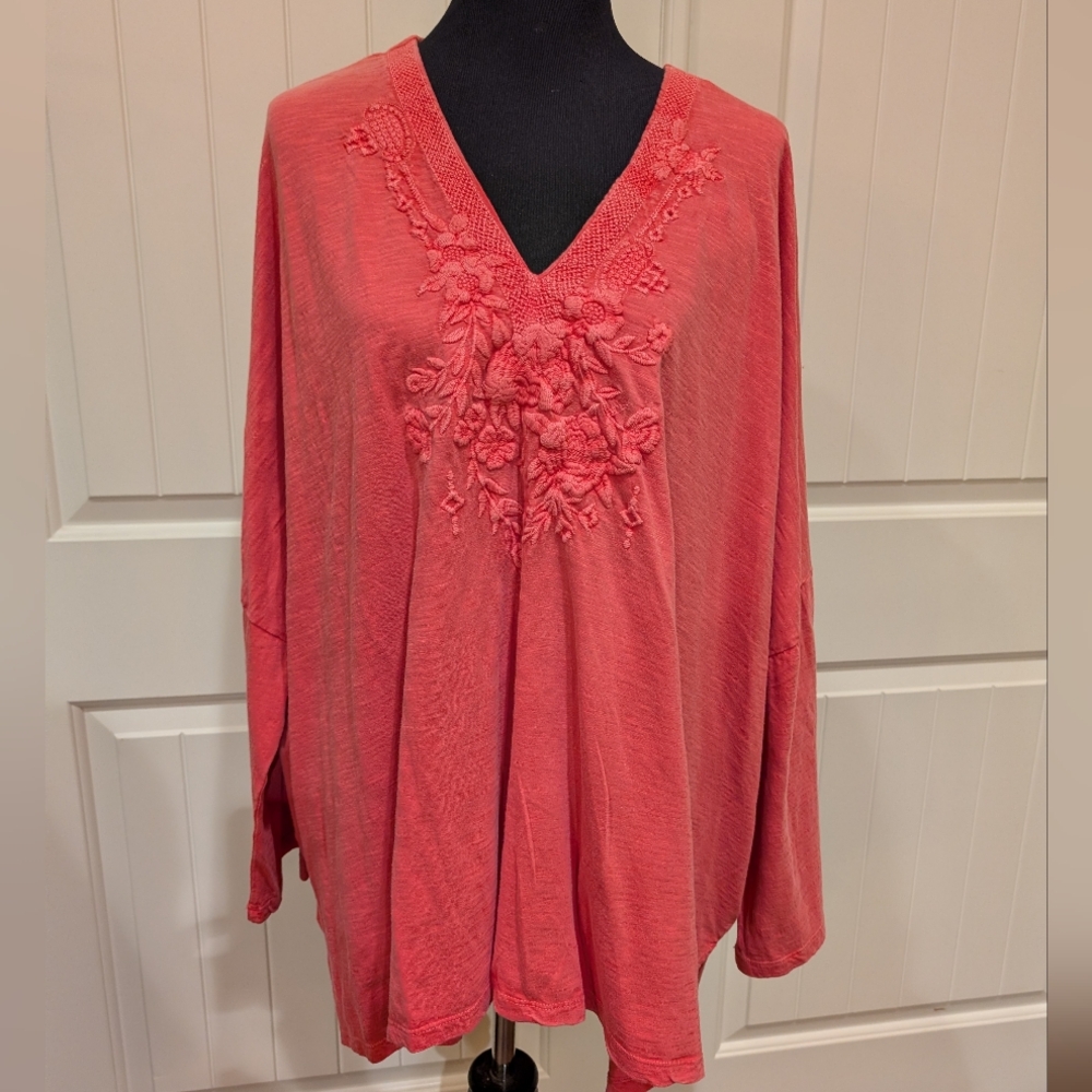 Caite Pink V-Neck Tunic with Embroidery